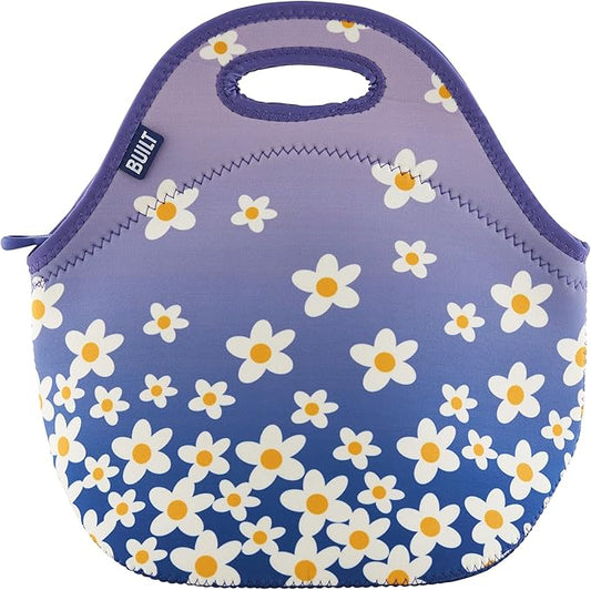 BUILT Gourmet Getaway Soft Neoprene Lunch Tote Bag Lightweight, Insulated and Reusable, One Size, Wild Lavender Daisy