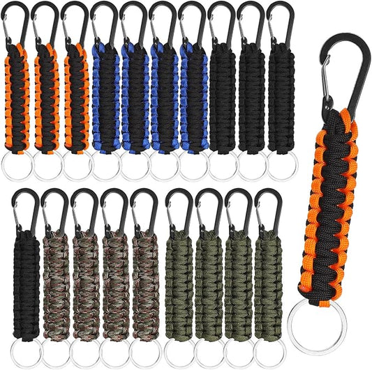 Fumete 20 Pcs Paracord Keychain Military Braided Keychain Clip with Strap Paracord Backpack Strap with Chain Hooks for Women Men Camping Fishing Hiking Backpacking Keys Hanger, 5 Styles