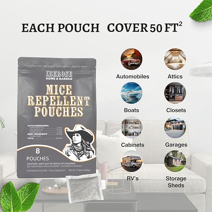 Mice Repellent Pouches, Mouse Repellent, Peppermint Rodent Repellent, Repels Rodent from Nesting in House/Garage, Keep Mouse Out of Car/Boat/RV, 8 Odorant Pouches