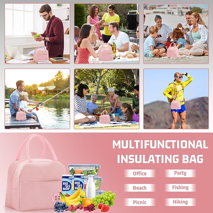 Insulated Lunch Bag for Men Women, Small Portable Reusable Lunch Cooler Tote Bag, Leakproof Thermal Lunch Box for Work Picnic Travel, Pink