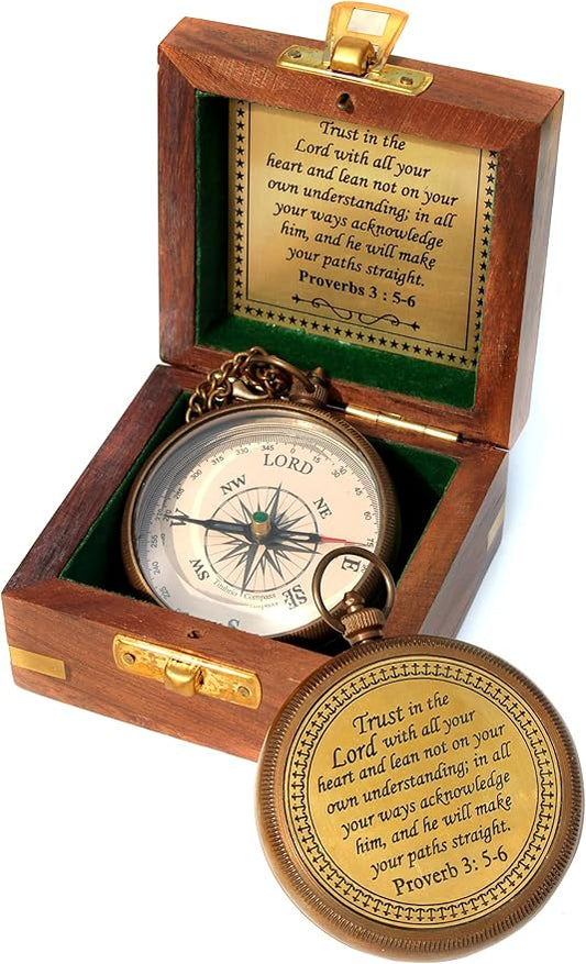 Trust in The Lord with All Your Heart -Proverbs 3: 5-6 Quote Engraved Compass with Wooden Box. Greeting Card, Inspirational Gift Men, Christian Boys Baptism Gifts, Graduation Day