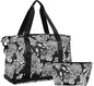 Skull Weekender for Women, Gym Sports Duffle With Flowers, Travel Tote With Toiletry Bag, Shoes Compartment, Dry/Wet Separation Swim Bag