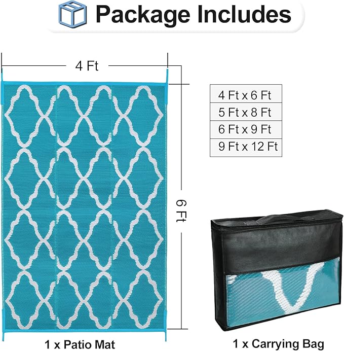 OutdoorLines Outdoor Plastic Area Rugs for Patio 4x6 ft - Reversible Outside Carpet, Stain & UV Resistant RV Mats, Straw Rug for Camping, Deck Garden, Porch and Balcony, Moroccan Teal & Light Grey