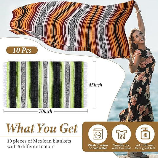 Preboun 10 Pieces Mexican Blanket Bulk Authentic Woven Yoga Blanket Large Picnic Camping Blanket Colorful Striped Serape Blanket for Beach Outdoor Grass Car Home Throw Blanket (Mixed Color)