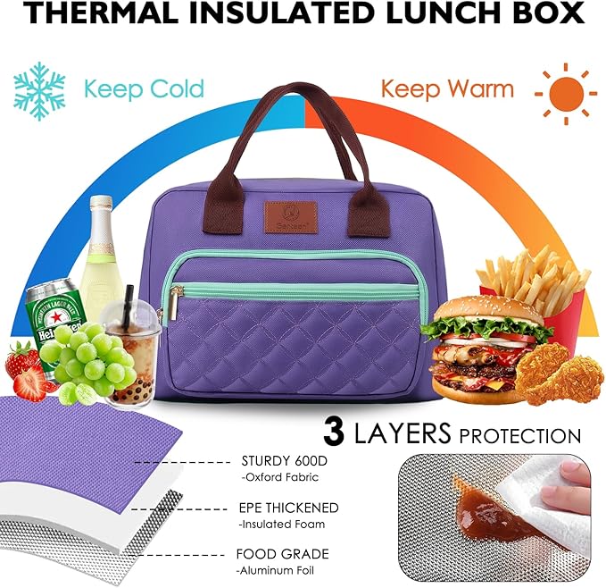 Lunch Bag Insulated Women Girls Teens Insulated Tote LunchBox for Adult Men Reusable Lunch Box with Front Pocket for Work, Picnic or Travel-18 Cans/14 Liters Purple