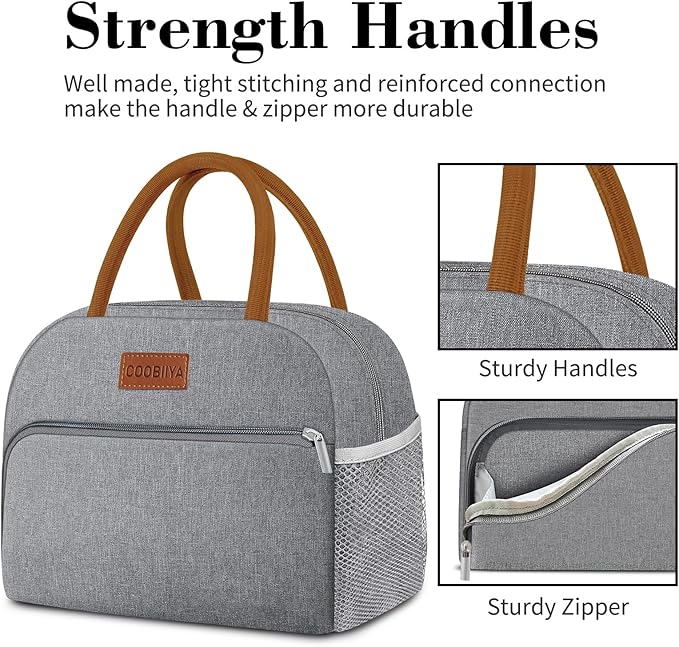 Coobiiya Lunch box for Women/Men/Adult, Lunch Box Lunch Bag Women, Small Leakproof Cute Lunch Tote Large Capacity Reusable Insulated Cooler Lunch Container for Work/Office/Picnic/Beach-Grey