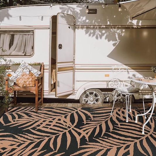 Outdoor Rugs Patio Camping Waterproof - Plastic Straw Patio Rug Portable for Campers, Outside RVs Mat, Outdoor Area Carpet for Patios Clearance, Backyard Porch, Deck, Balcony, Picnic, Black Brown