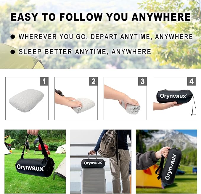 Memory Foam Camping Pillow, Portable Travel Pillow with Breathable Detachable Pillowcase, Compact & Lightweight for Camping, Hiking, Backpacking, Airplane Travel, Includes Storage Bag