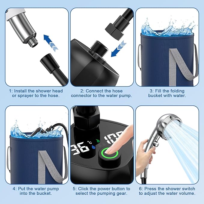 Portable Shower Camping,9000mAh Rechargeable Shower Pump with Digital Display,Adjustable Shower Head and Folding Bucket Outdoor Shower for Camp,Hiking Beach,Travel,Car Washing,Pet Bath,Garden