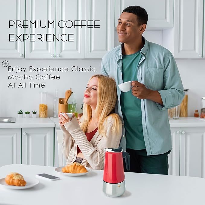 Mixpresso 6 Cup Greca Stovetop Espresso Maker 10oz, Moka Pot with Coffee Percolator Design, Stainless Steel Stove Top Coffee Maker for Camping or Home, Italian Coffee Maker Stovetop Red Coffee Pot