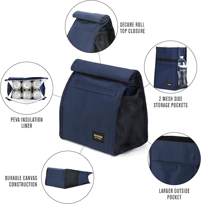 Insulated Lunch Bag for Men and Women; Rolltop Lunch Box with 2 Side Mesh Pockets and 1 Exteral Slip Pocket (Blue)
