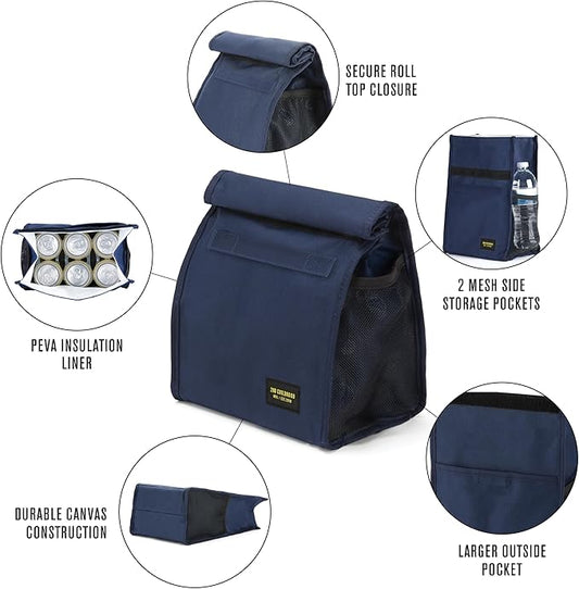 Insulated Lunch Bag for Men and Women; Rolltop Lunch Box with 2 Side Mesh Pockets and 1 Exteral Slip Pocket (Blue)