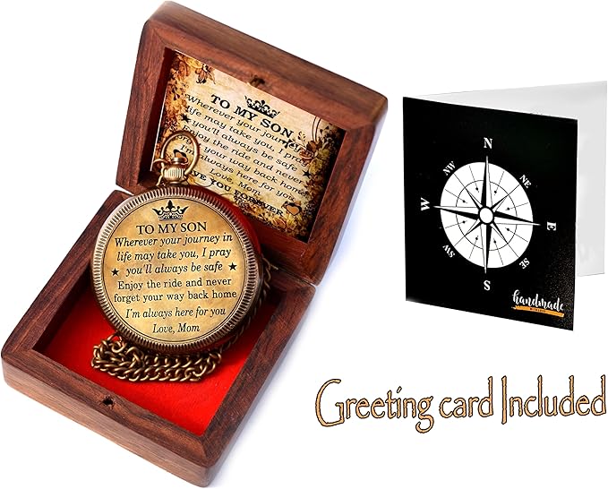 to My Son Compass with Wooden Box-Mom to Son Compass–Father to Son Gifts- to My Grandson -Graduation Day Gifts for Son-Birthday, Baptism, Graduation, Confirmation, Communion Compass for Women Men