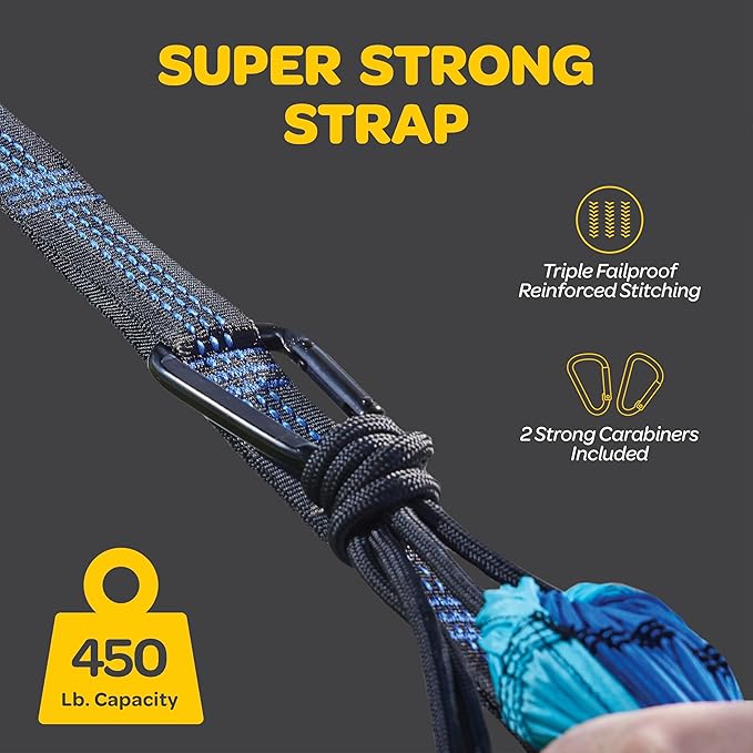 Durable Hammock 500 lb Capacity, Nylon Camping Hammock Chair - Double or Single Sizes w/Tree Straps and Attached Carry Bag - Portable for Travel/Backpacking/Beach/Backyard (Large, Black & Light Grey)