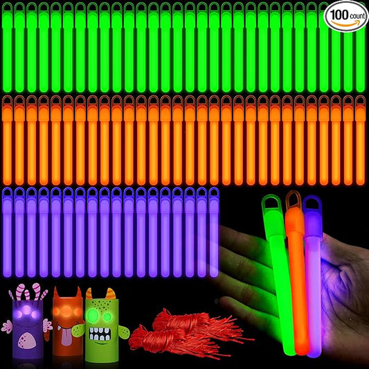Lewtemi 100 Pack 4'' Halloween Glow Sticks Bulk Light Sticks with Lanyard Individually Wrapped Tactical Military Emergency Glow Stick Party Favors for Halloween, Camping, Hiking, Party