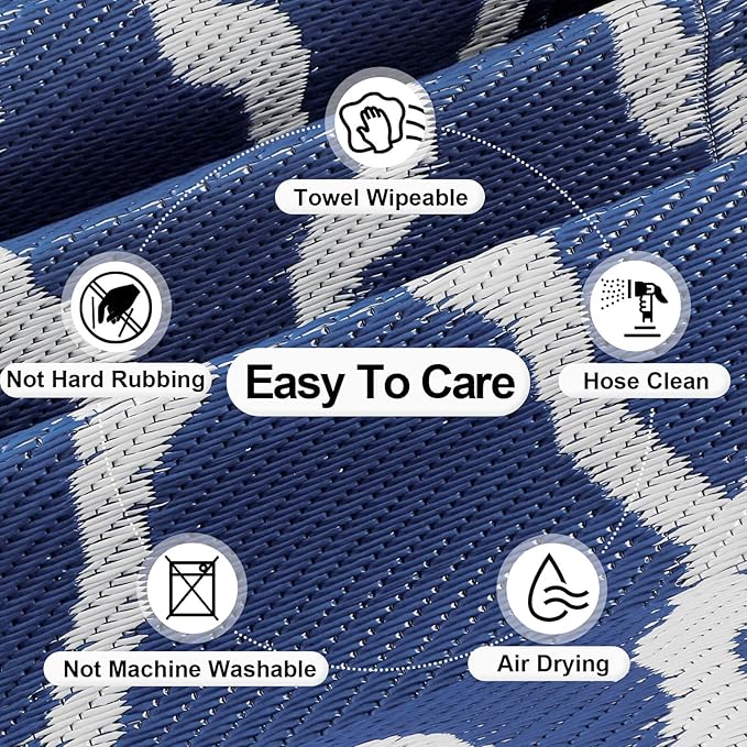 OutdoorLines Outdoor Plastic Area Rugs for Patio 6x9 ft - Reversible Outside Carpet, Stain & UV Resistant RV Mats, Straw Rug for Camping, Deck Garden, Porch and Balcony, Moroccan Navy & Light Grey