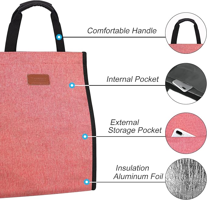 Lunch Bags for Women Insulated Reusable Lunch Tote with Internal Pocket, Lunch Tote bag for Work (Pink)