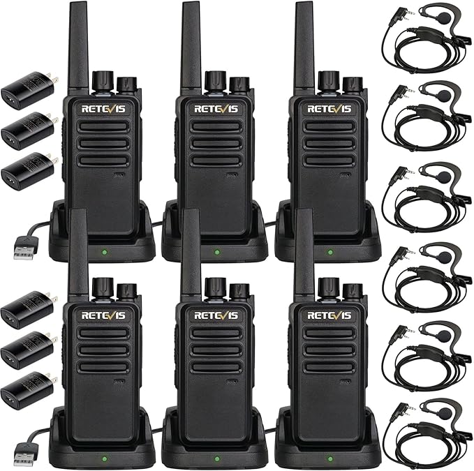 Retevis RT68 Two Way Radios with Earpiece, Heavy Duty Walkie Talkies for Adults, Compact 2 Way Radio Long Range Rechargeable with USB Charging Base, for Restaurant Church Security School (6 Pack)