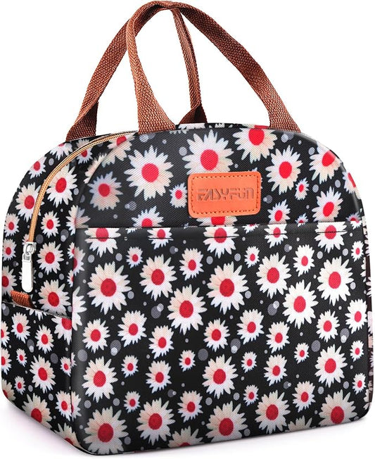 Lunch Bag for Women & Men Adult Insulated Lunch Box, Small Leakproof Cooler Food Lunch Containers Reusable High Capacity Lunch Tote Bags for Work, Travel, Outdoor (Red Flower)