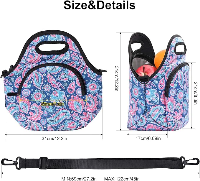 Neoprene Lunch Bag, Thermal Insulated Lunch Tote Bag with Detachable Shoulder Straps, Lightweight & Reusable Lunch Bag for Women Men