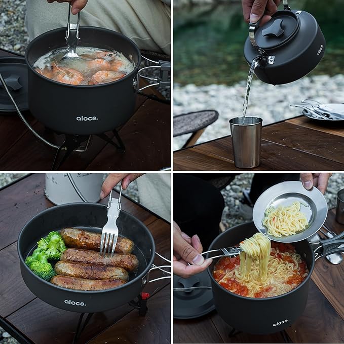 Alocs 17pcs Camping Cookware Camp Kitchen Set with Kettle, Aluminum Camping Cooking Set Backpacking Gear for Hiking,Traveling,Climbing and Picnic