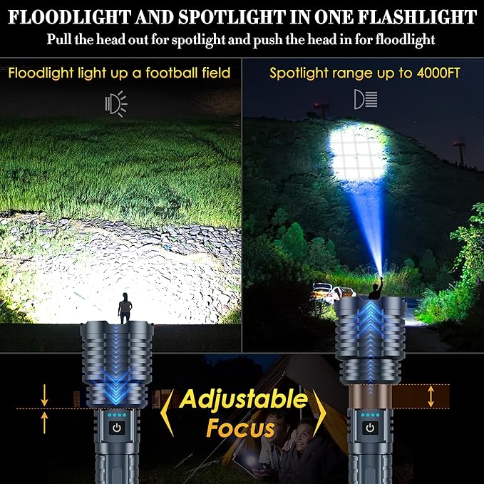 Super Bright Rechargeable Flashlights 2400000 High Lumen, Powerful LED Flashlight, IPX7 Waterproof Floodlight & Spotlight Flashlight 2-in-1 W/5 Modes for Camping, Emergency, Search & Rescue