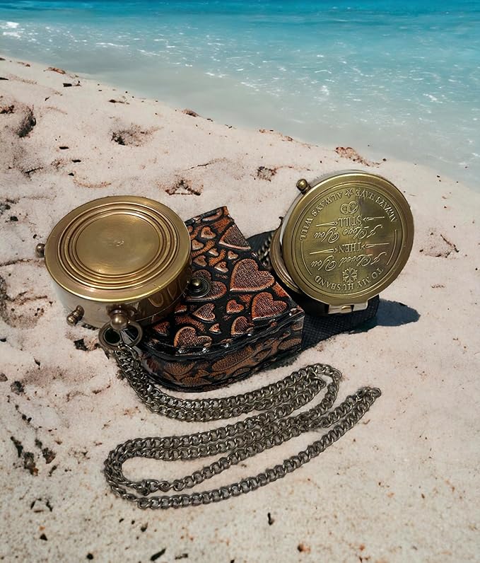 Nautical Solid Brass Directional Magnetic Compass Antique Vintage Design with Engraved Quote Elegant Maritime Navigation Instrument