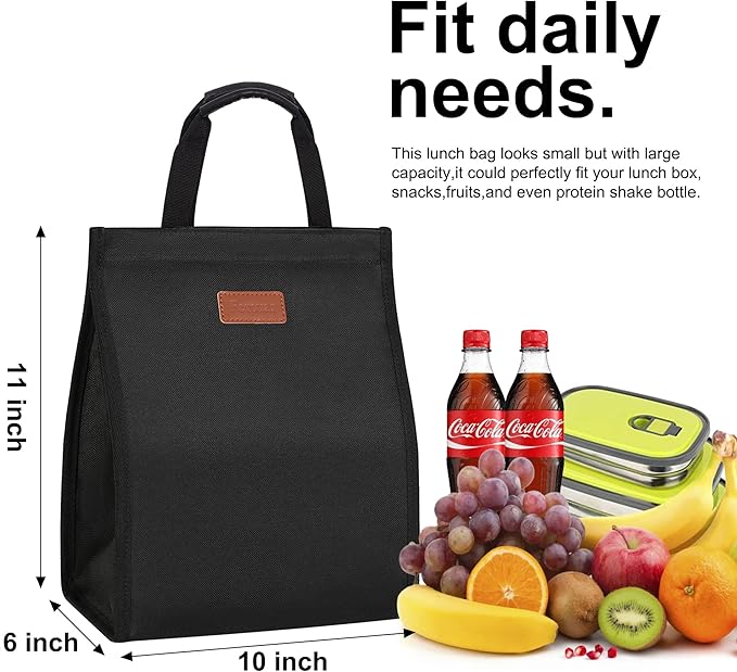 Lunch Bags for Women Insulated Reusable Lunch Tote with Internal Pocket, Adult Lunch Tote bag for Work (Black