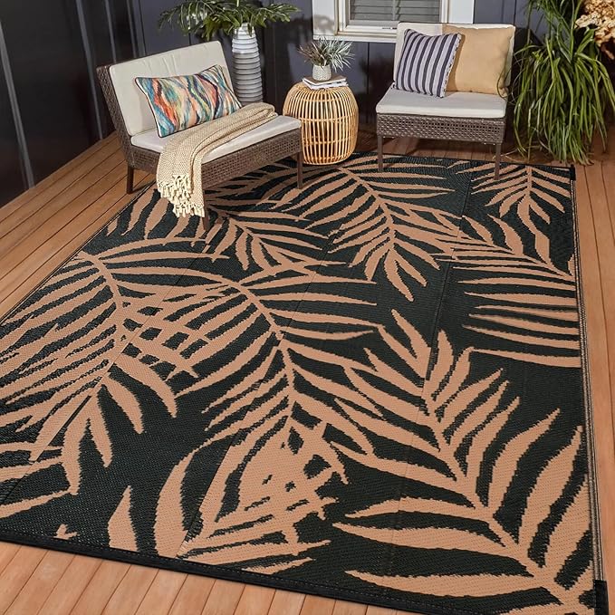Outdoor Rugs Patio Camping Waterproof - Plastic Straw Patio Rug Portable for Campers, Outside RVs Mat, Outdoor Area Carpet for Patios Clearance, Backyard Porch, Deck, Balcony, Picnic, Black Brown