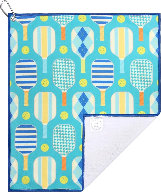 Millie Rose Pickleball Towels in Fashionable Prints - Cute 15x17 inch Microfiber & Cotton Athletic Towels with Carabiner Clip - Pickleball Accessories, Pickleball Gifts (Plaid Pickle)