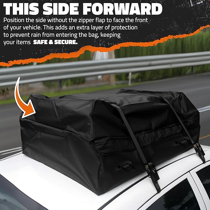 Mockins 16 Cu.Ft. Heavy Duty Car Roof Bag 45"x34"x18" | Works with or Without Roof Rack | Great for Road Trip Vacations, Camping Adventures & More | Set Includes Roof Mat, Lock, Hooks & Straps