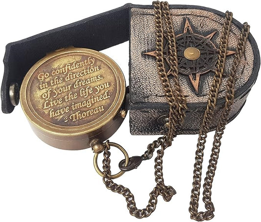 Brass Compass Engraved with Thoreau's Go Confidently Quote and Stamped Leather Case, Boys Gifts