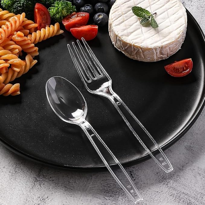 [400 Count] Clear Plastic Forks and Spoons Set Bulk - Heavy Duty Disposable Spoons and Forks Silverware, Plastic Utensils Cutlery Set for Party