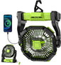 Battery Powered Fan -Camping Fan with Led Lantern, 12000mAh Portable Rechargeable, Battery Operated for Tent, Hook 4 Speed Quiet Personal for Desk, Travel, Fishing, Power Outage, Hurricane-Green