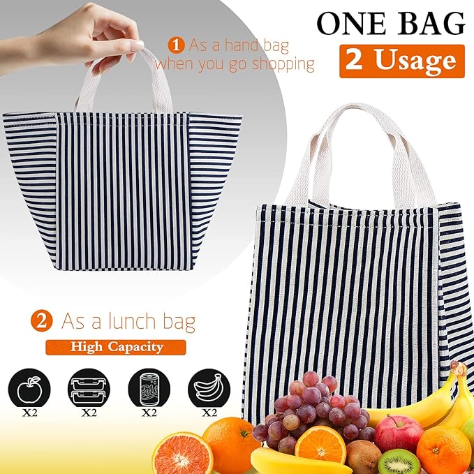 Lunch Bag Insulated Lunch Box for Women Men,Reusable Adult Lunch Tote Bags for Work or Travel (Striped Blue)