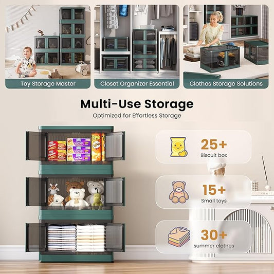 8.4Gal Collapsible Storage Bins with Lids & Wheels - 1 Pack Stackable with Doors, Heavy-Duty Plastic Containers for Home/Office, Green