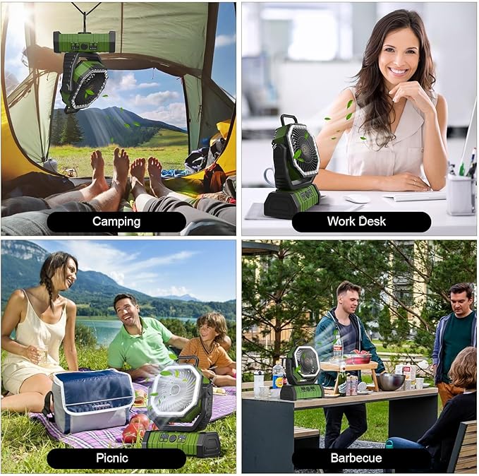 20000mAh Portable Camping Fan Rechargeable with LED Light, Hook, Battery Powered, 4-Speeds, Timer, Remote Control, USB for Travel, Tent, Room, Car, Picnic, Bed, Emergency, Fishing, BBQ - Green