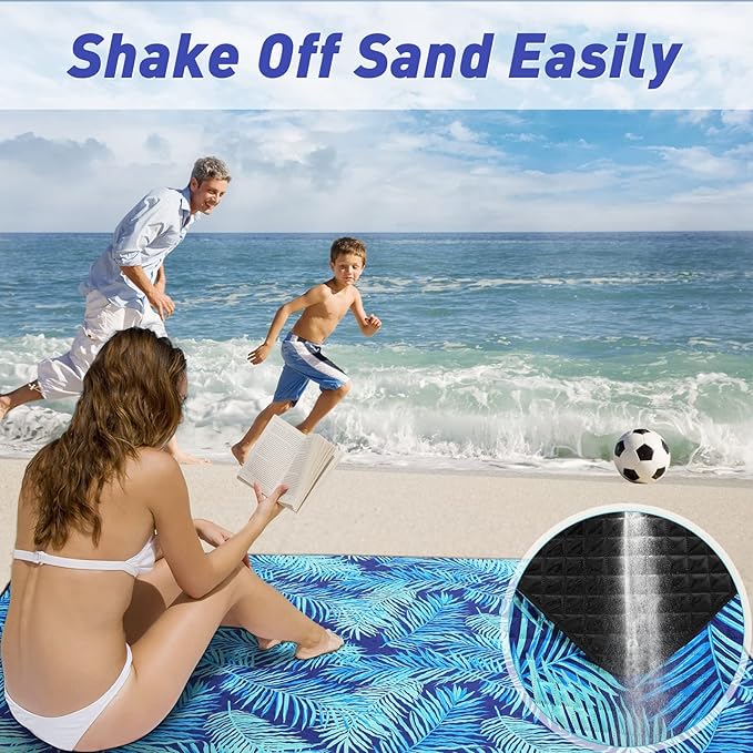 PY SUPER MODE Picnic Blankets Extra Large, Waterproof Foldable Outdoor Beach Blanket Oversized 83x79” Sandproof, 3-Layer Picnic Mat for Camping, Hiking, Travel, Park, Concerts(Blue Leaves)