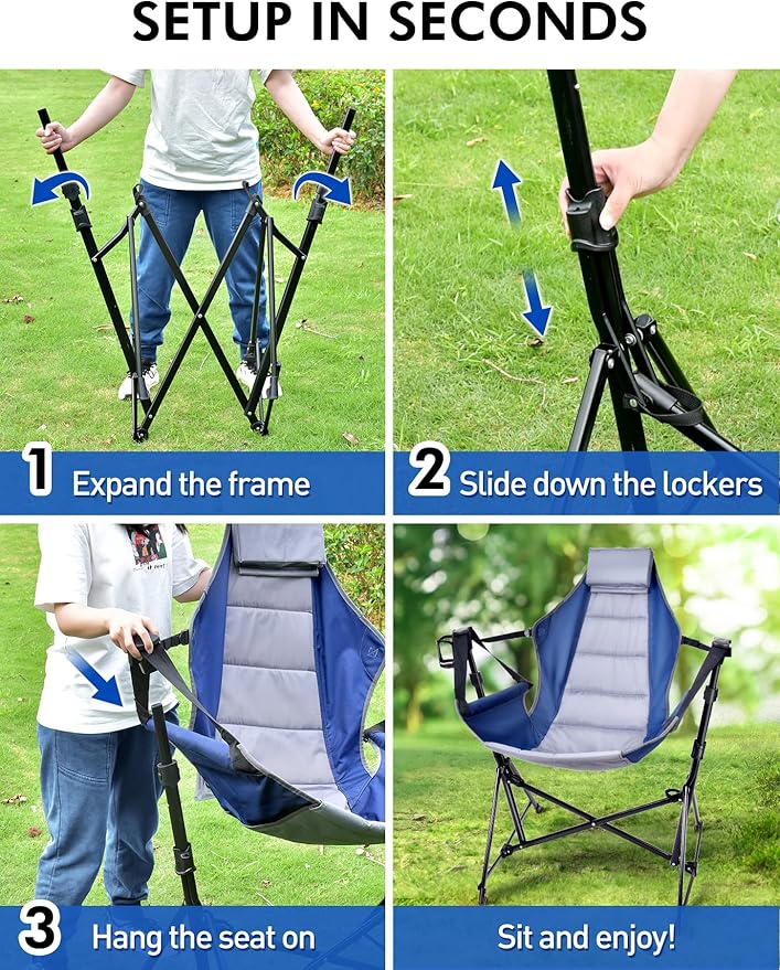 Hammock Camping Chair - 3 Heights Portable Hammock Chair Camping with Adjustable Backrest, Headrest, Padded Seat, Cup Holder - 450 LBS Heavy Duty