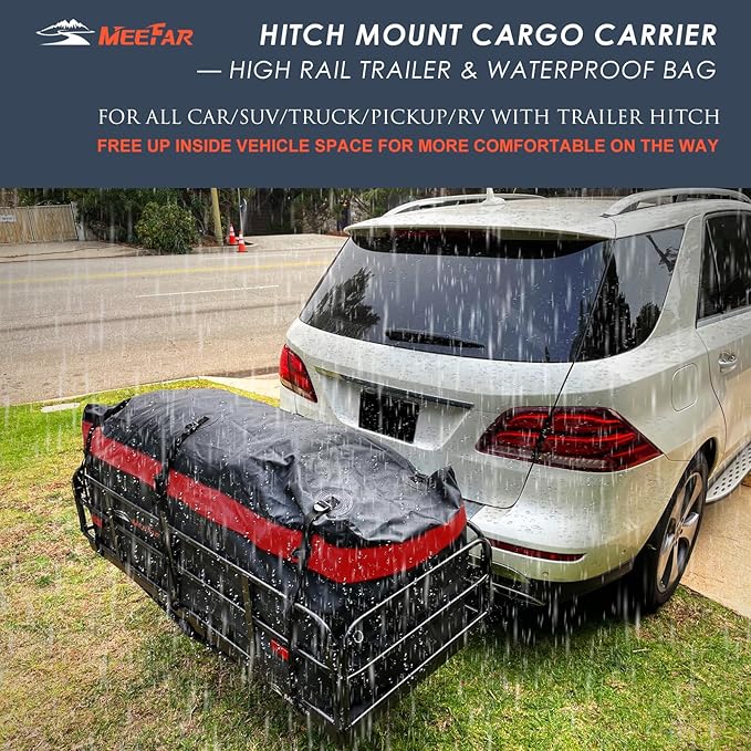 MeeFar High Rail Trailer Folding Hitch Mount Cargo Carrier Basket 60" X 24" X 14"+Waterproof Cargo Bag 20 cu ft(59" 24" 24"), Capacity of 500 Lbs with Hitch Stabilizer, Net, Lock and Straps
