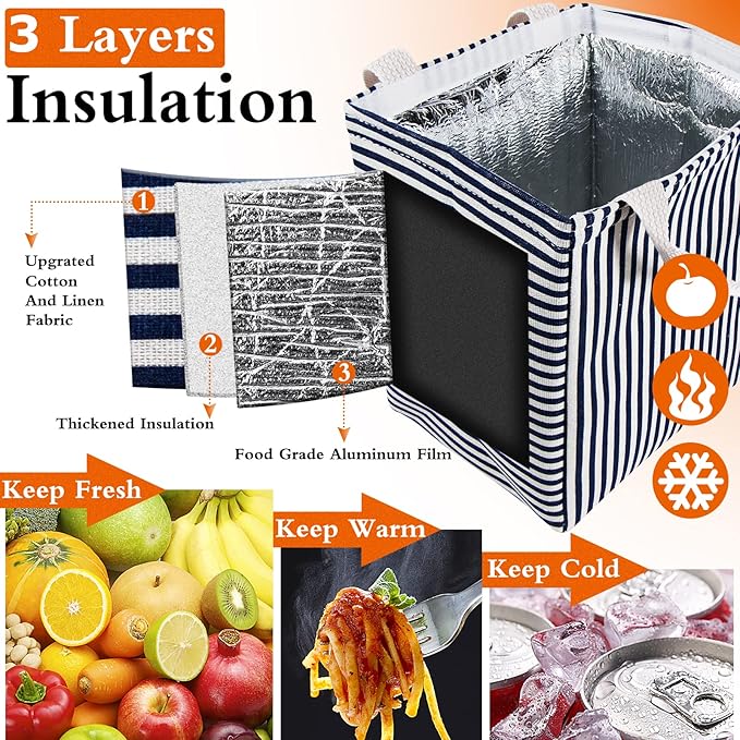 Lunch Bag Insulated Lunch Box for Women Men,Reusable Adult Lunch Tote Bags for Work or Travel (Striped Blue)