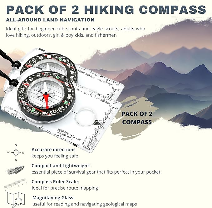 Pack of 2 Orienteering Compass Hiking-Compasses boy Scout Kids- Magnetic Gear Set Navigation map- Brujulas orientacion-Backpacking Camping Hunting Survival.