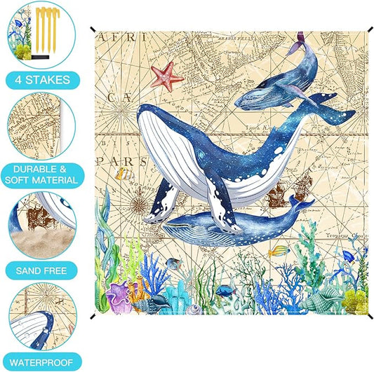 Airensky Beach Blanket, Sandproof Beach Mat 79" X 82" for 4-7 Adults, Large Waterproof Beach Blanket Quick Drying Lightweight Beach Blanket with 4 Stakes for Travel Camping Hiking(Sea World Whale)