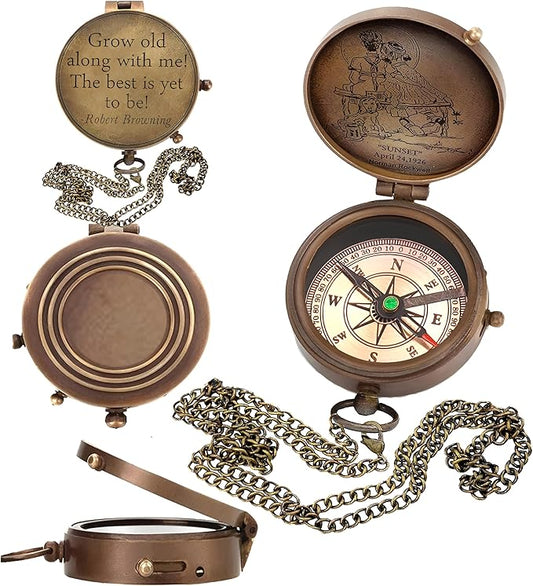 Grow Old Along with me Engraved Compass with Norman Rockwell Sunset Engraving, Valentine Gift, Birthday, Long Distance, Love, Sorry, Keepsakes, Old Memories