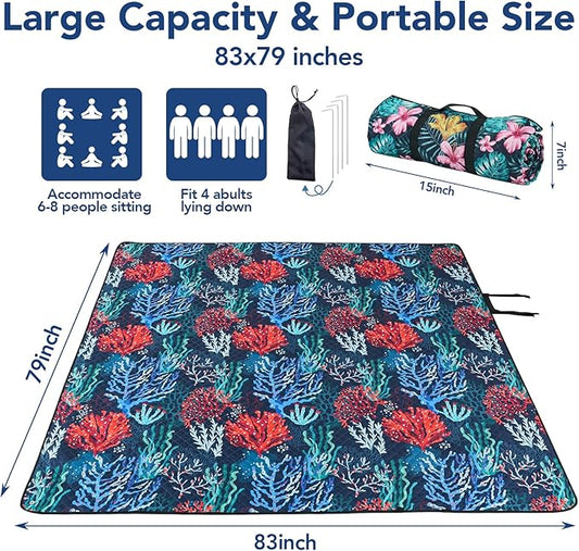PY SUPER MODE Picnic Blankets Extra Large, Waterproof Foldable Outdoor Beach Blanket Oversized 83x79” Sandproof, 3-Layer Picnic Mat for Camping, Hiking, Travel, Park, Concerts-Sea World