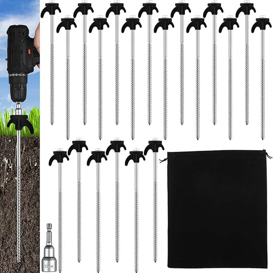 JaGely 20 Pcs 12 Inch Screw in Tent Stakes Heavy Duty Ground Anchors Metal Threaded Tent Spikes Camping Stake Screw in Tent Pegs Screw with Hex Head Driver for Camping Travel Decor Outdoor (Black)