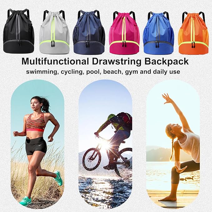 Swim Bag Drawstring Backpack with Wet Pocket Shoe Warehouse String Bag Sackpack for Beach Swimming Pool Gym Sports (Rose)