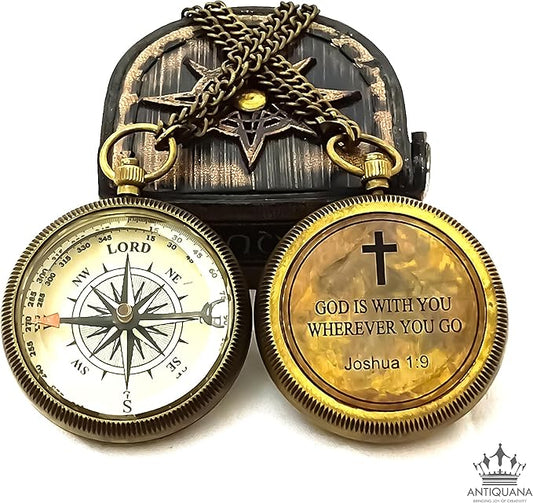 God is with You Wherever You Go Engraved Compass with Authentic Leather Case Brass Compass Directional Compass, Baptism Gifts for Boys & Girls, First Communion (BLC2)