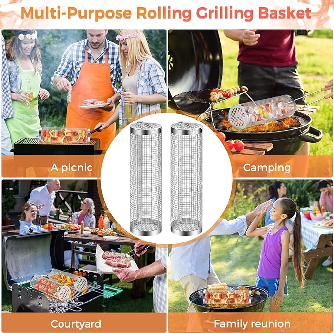 Rolling Grilling Basket, 2 PCS BBQ Grill Basket， Stainless Steel Grill Mesh with Grilling Accessories, Portable Outdoor Camping BBQ Grill Nets Cylinder for Fish, Shrimp, Vegetables, Meat
