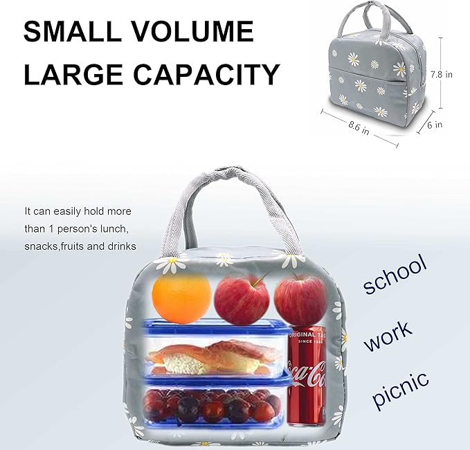 Sonuimy Insulated Lunch Bag Women Girls, Reusable Cute Tote Lunch Box for Adult & Men, Leakproof Cooler Lunch Bags for Work Office Travel School Picnic (Grey with White Daisy)